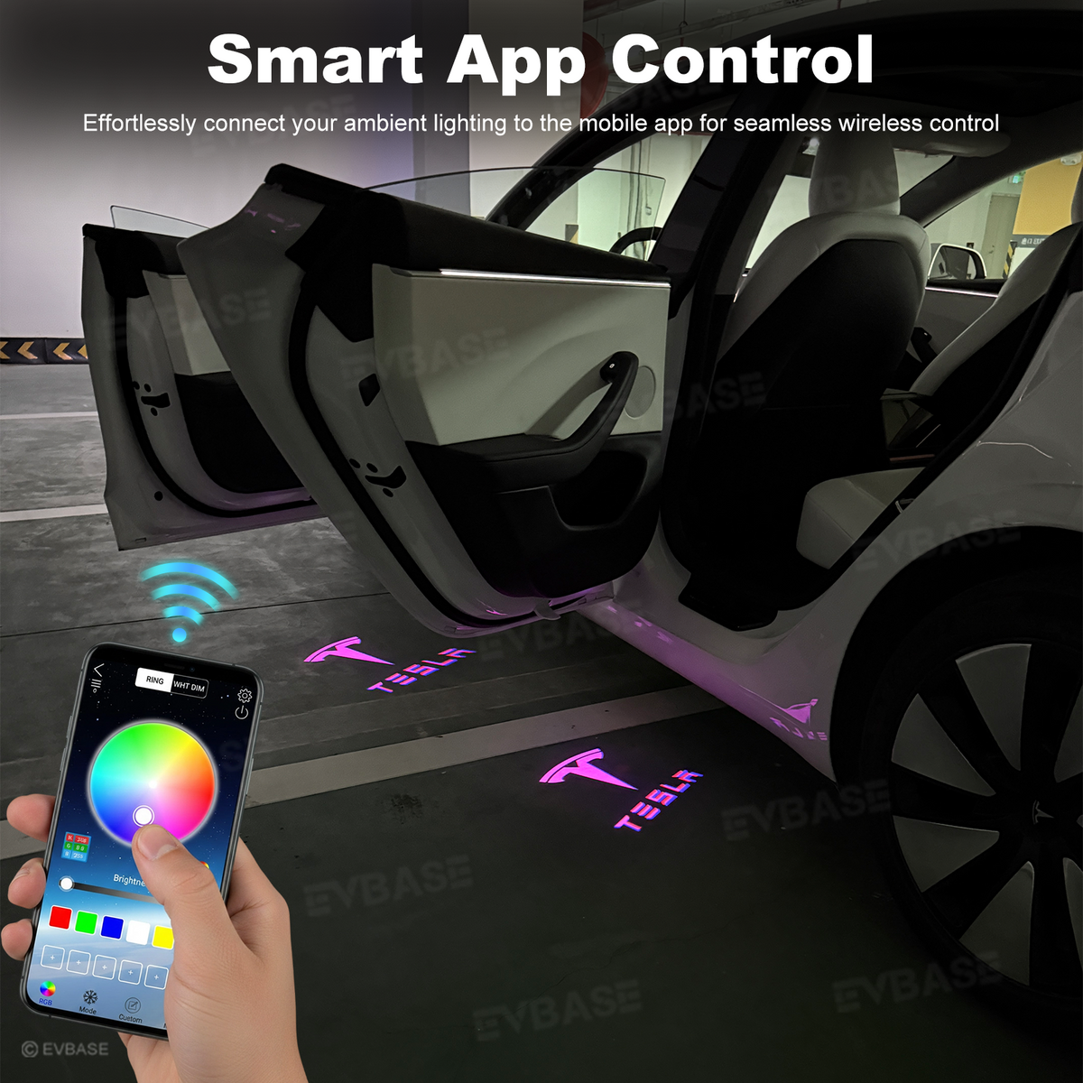 64-Color App-Controlled Door Projection Lights for Tesla Models